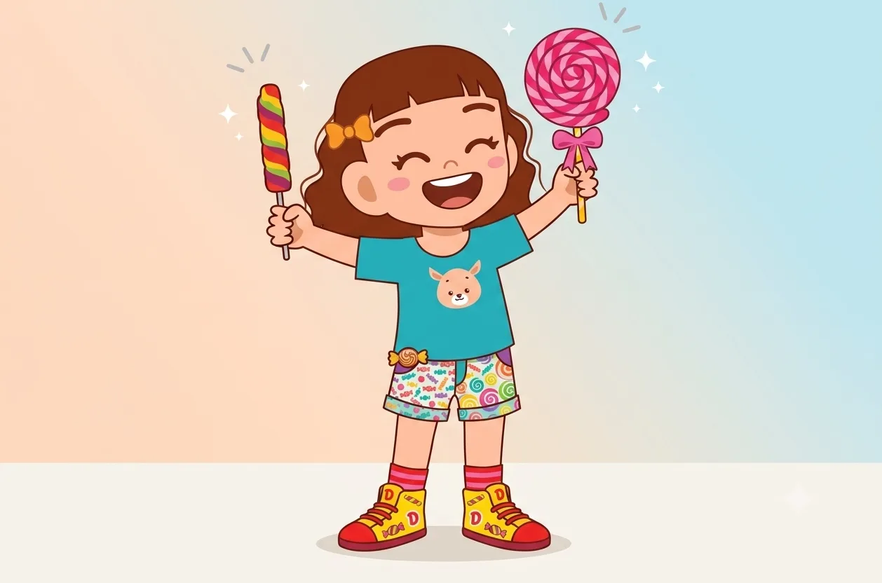 La niña de Dulciregia con una paleta en cada mano